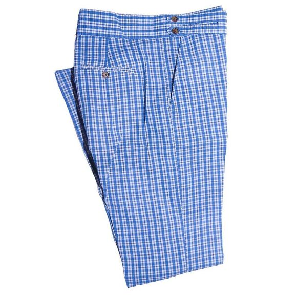 Mens Gurkha Pants Blue White Plaid Check Slim High Waist Flat Front Trousers 36
